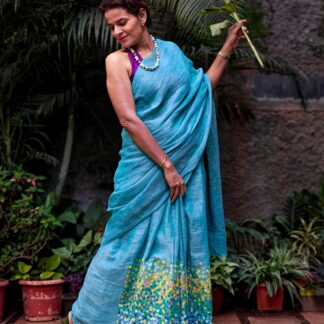 Calyz Blue Linen Saree with Collage Technique